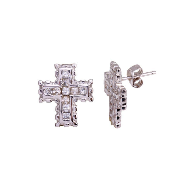 Closeout-Rhodium Plated 925 Sterling Silver Cross Clear CZ Stud Earrings - STEM022 | Silver Palace Inc.