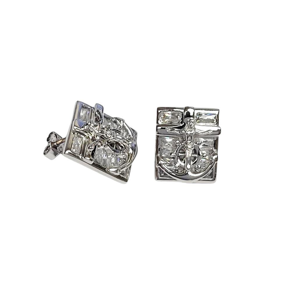 Closeout-Rhodium Plated 925 Sterling Silver Anchor Helm Cross Clear CZ Stud Earrings - STEM036 | Silver Palace Inc.