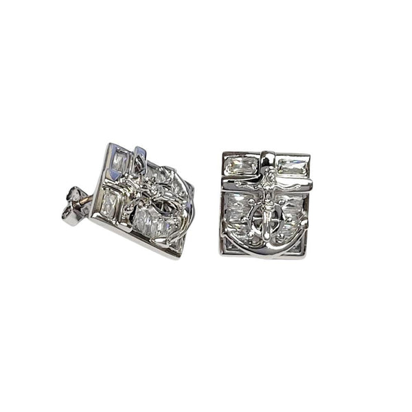 Closeout-Silver 925 Rhodium Plated Anchor Helm Cross Clear CZ Stud Earrings - STEM036 | Silver Palace Inc.