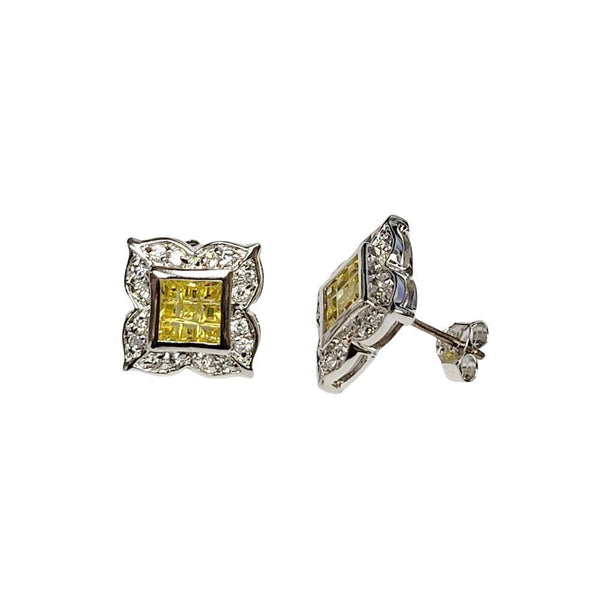 Closeout-Silver 925 Rhodium Plated Square DC Yellow and Clear CZ Stud Earrings - STEM060 | Silver Palace Inc.