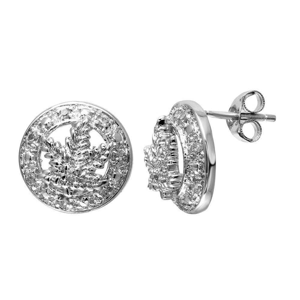 Closeout-Items Silver 925 Rhodium Plated CZ Marijuana Leaf Stud Earrings - STEM066CLR | Silver Palace Inc.