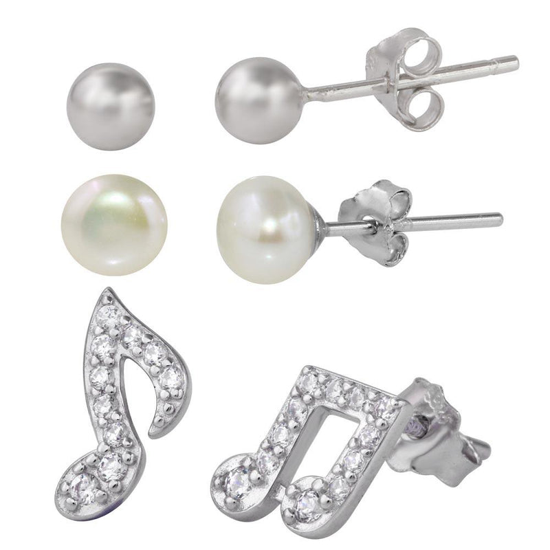 Silver 925 Rhodium Plated Plain Bead Fresh Water Pearl and CZ Music Note Stud Set - STES00001 | Silver Palace Inc.