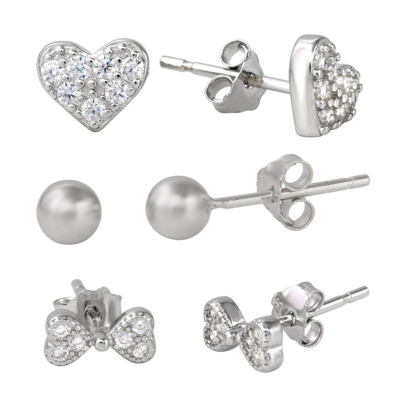 Silver 925 Rhodium Plated Plain Bead CZ Heart and CZ Bowtie Stud Set - STES00002 | Silver Palace Inc.