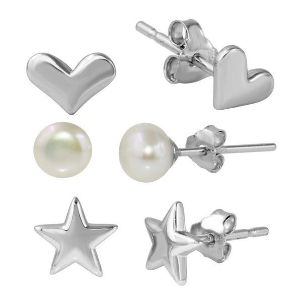 Silver 925 Rhodium Plated Plain Star Plain Heart and Fresh Water Pearl Stud Set - STES00003 | Silver Palace Inc.