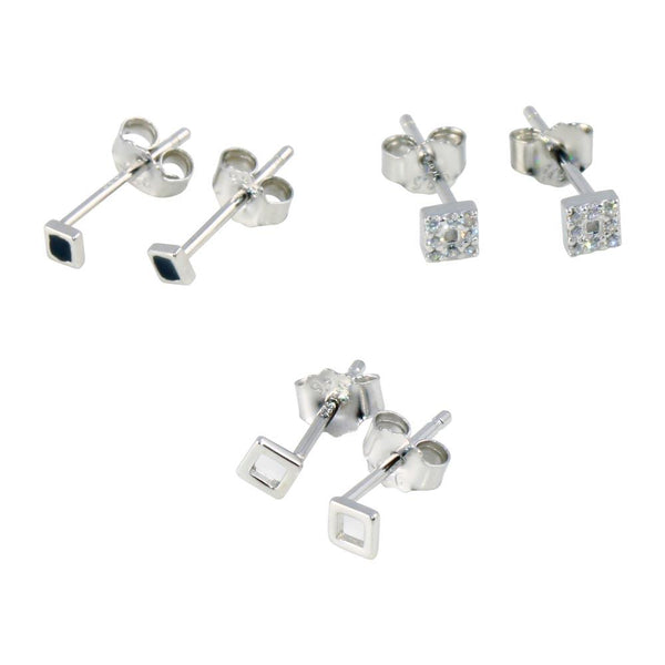 Rhodium Plated 925 Sterling Silver Plain Square CZ Square and Square Black CZ Stud Set - STES00006 | Silver Palace Inc.