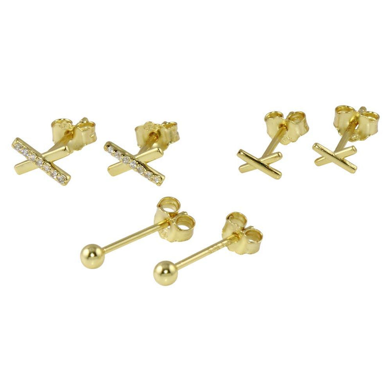 Silver 925 Gold Plated Plain X and Ball CZ Set - STES00009GP | Silver Palace Inc.