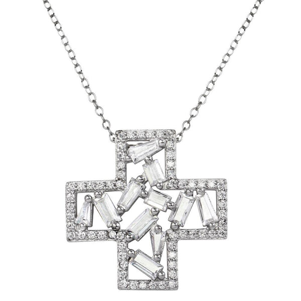Silver 925 Rhodium Plated Cross Pendant Necklace with CZ - STP01667 | Silver Palace Inc.