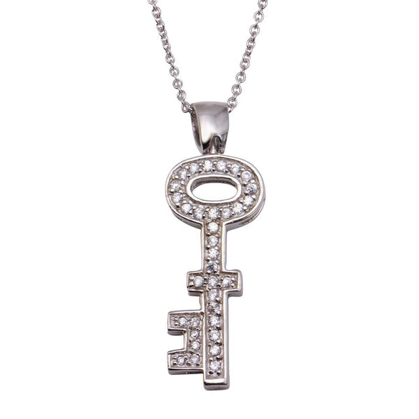 Silver 925 Clear CZ Rhodium Plated Key Pendant Necklace - STP00006 | Silver Palace Inc.