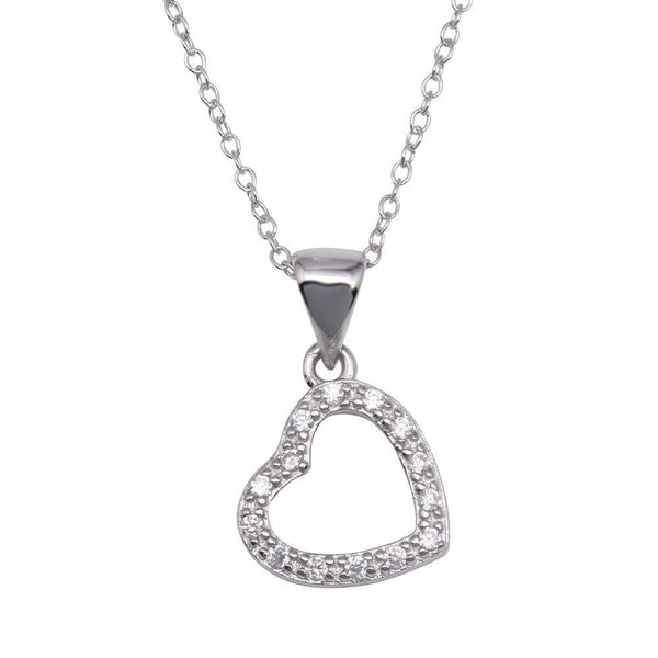 Silver 925 Clear CZ Rhodium Plated Hanging Heart Pendant Necklace - STP00025 | Silver Palace Inc.