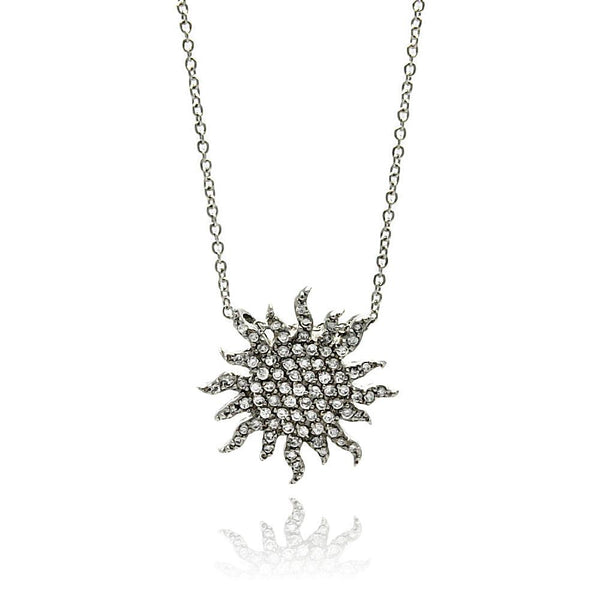 Closeout-Silver 925 Clear CZ Rhodium Plated Sun Pendant Necklace - STP00032 | Silver Palace Inc.