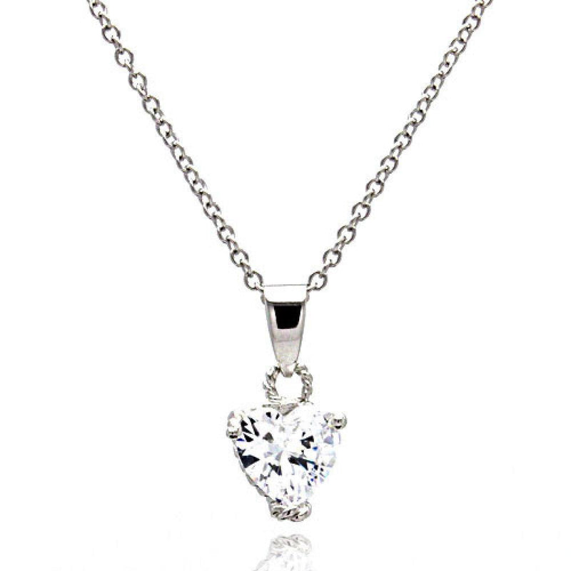 Silver 925 Rhodium Plated Clear Heart CZ Rope Pendant Necklace - STP00090 | Silver Palace Inc.