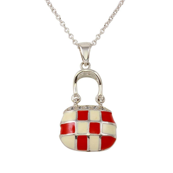 Closeout-Silver 925 Rhodium Plated Pink and White Checkered Purse Pendant Necklace with CZ - STP00215 | Silver Palace Inc.