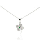Silver 925 Clear Green CZ Rhodium Plated Clover Pendant Necklace - STP00235-GREEN | Silver Palace Inc.