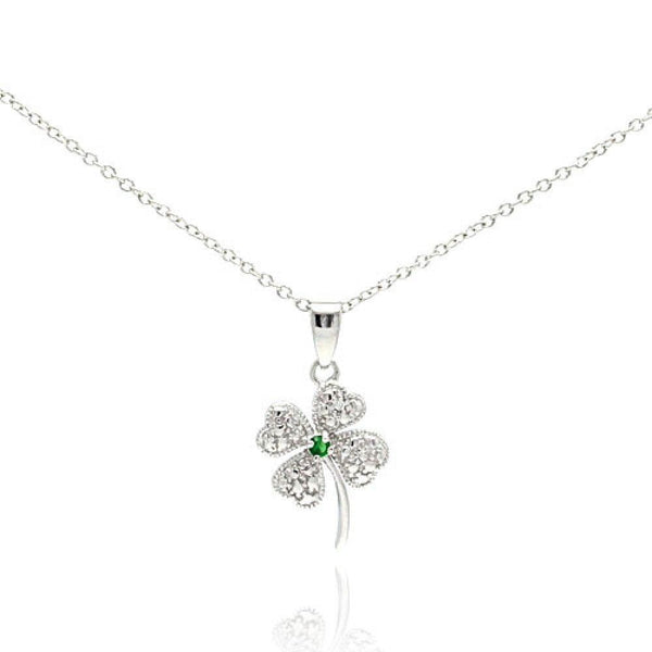 Silver 925 Clear Green CZ Rhodium Plated Clover Pendant Necklace - STP00235-GREEN | Silver Palace Inc.