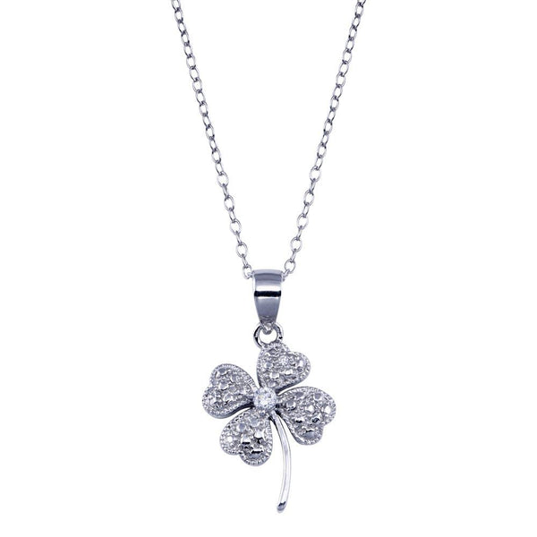 Silver 925 Clear CZ Rhodium Plated Clover Pendant Necklace - STP00235 | Silver Palace Inc.