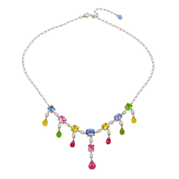 Closeout-Silver 925 Rhodium Plated Multi-colored CZ Drop Necklace - STP00334 | Silver Palace Inc.