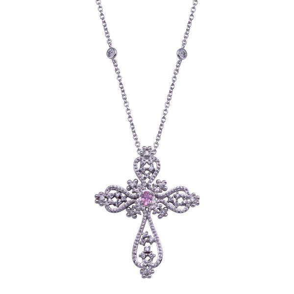 Closeout-Silver 925 Rhodium Plated Clear and Pink Cross Pattern Pendant Necklace - STP00407 | Silver Palace Inc.