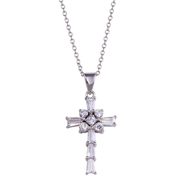 Silver 925 Rhodium Plated Clear Baguette CZ Cross Pendant Necklace - STP00455 | Silver Palace Inc.