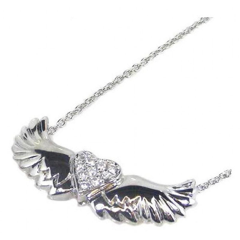 Silver 925 Rhodium Plated Winged Clear Heart CZ Necklace - STP00543 | Silver Palace Inc.