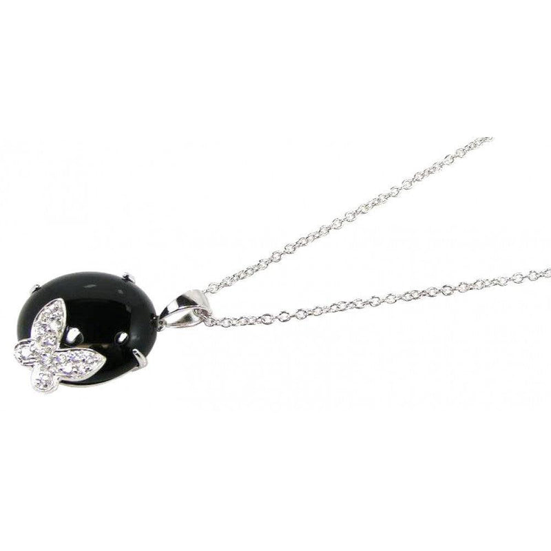 Closeout-Silver 925 Rhodium Plated Round Onyx Clear CZ Butterfly Pendant Necklace - STP00628 | Silver Palace Inc.