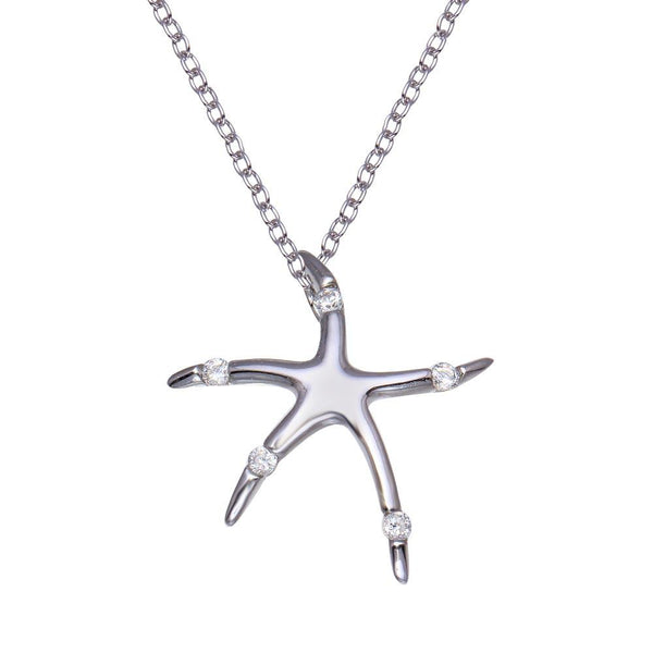 Silver 925 Rhodium Plated Clear CZ Starfish Pendant Necklace - STP00759 | Silver Palace Inc.