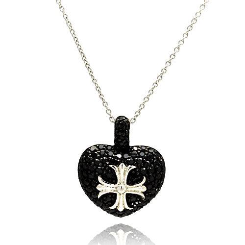Closeout-Rhodium Plated 925 Sterling Silver Black Heart with Silver Cross Necklace - STP00784 | Silver Palace Inc.