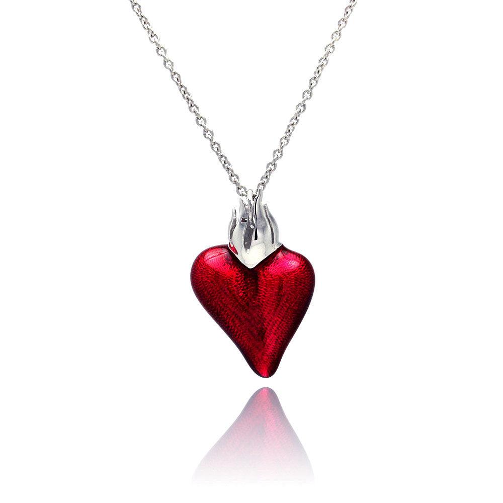 Rhodium Plated 925 Sterling Silver Red Enamel Heart Necklace