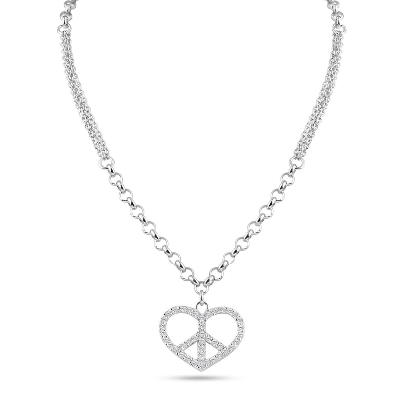 Rhodium Plated 925 Sterling Silver Double Chain Heart Peace Clear CZ Necklace - STP00867 | Silver Palace Inc.