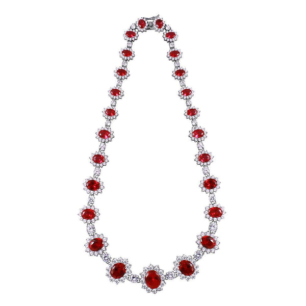 Silver 925 Rhodium Plated Red CZ Oval Cluster Necklace - STP00885RD | Silver Palace Inc.