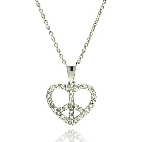 Closeout-Silver 925 Rhodium Plated Heart Peace Sign CZ Pendant Necklace - STP00896 | Silver Palace Inc.