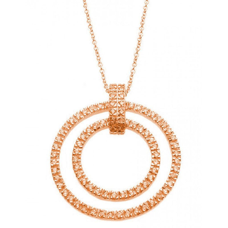 Closeout-Silver 925 Rose Gold Plated Clear CZ Double Circle Pendant Necklace - STP00920 | Silver Palace Inc.