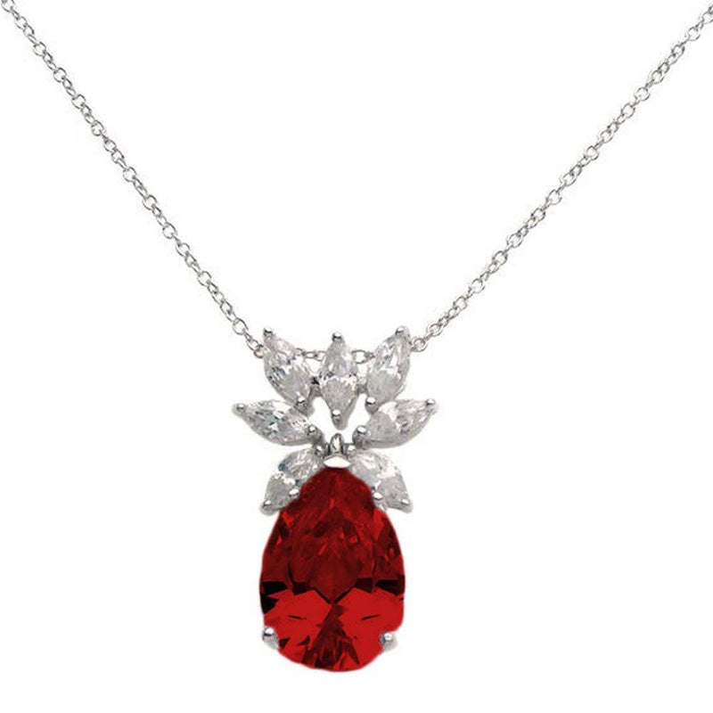 Silver 925 Rhodium Plated Clear CZ and Red Pear CZ Pendant Necklace - STP00941RED | Silver Palace Inc.