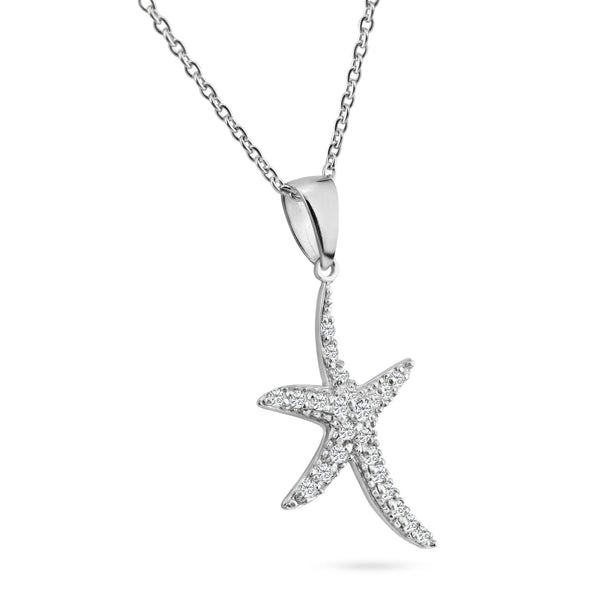 Silver 925 Rhodium Plated Clear CZ Starfish Pendant Necklace - STP01021 | Silver Palace Inc.