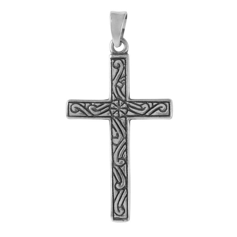 Silver 925 Straight Cross Shaped Pendant with Design - STP01089 | Silver Palace Inc.