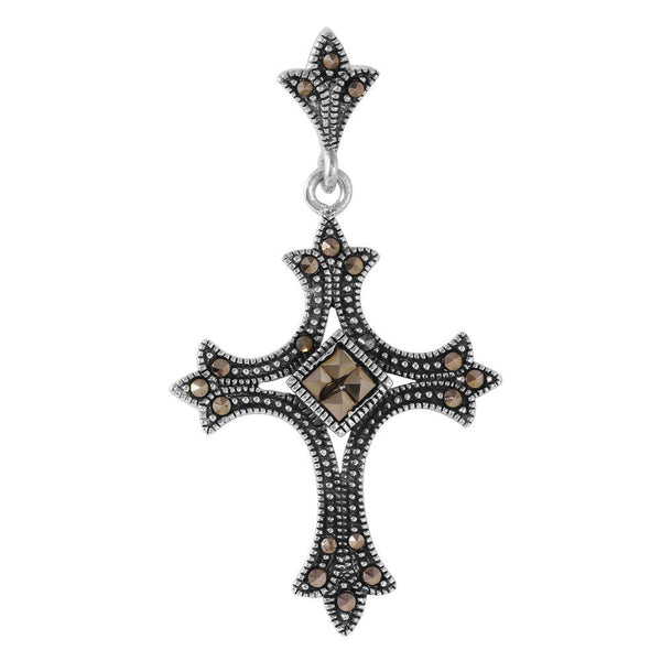 Silver 925 Spiked Cross Shaped Pendant with Black CZ Accents - STP01094 | Silver Palace Inc.