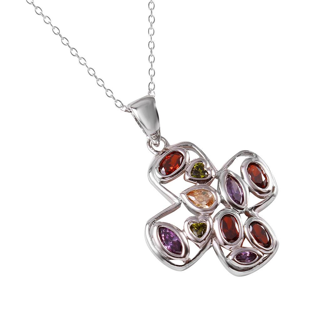 Closeout-Silver 925 Multi Color CZ Cross Necklace - STP01346 | Silver Palace Inc.