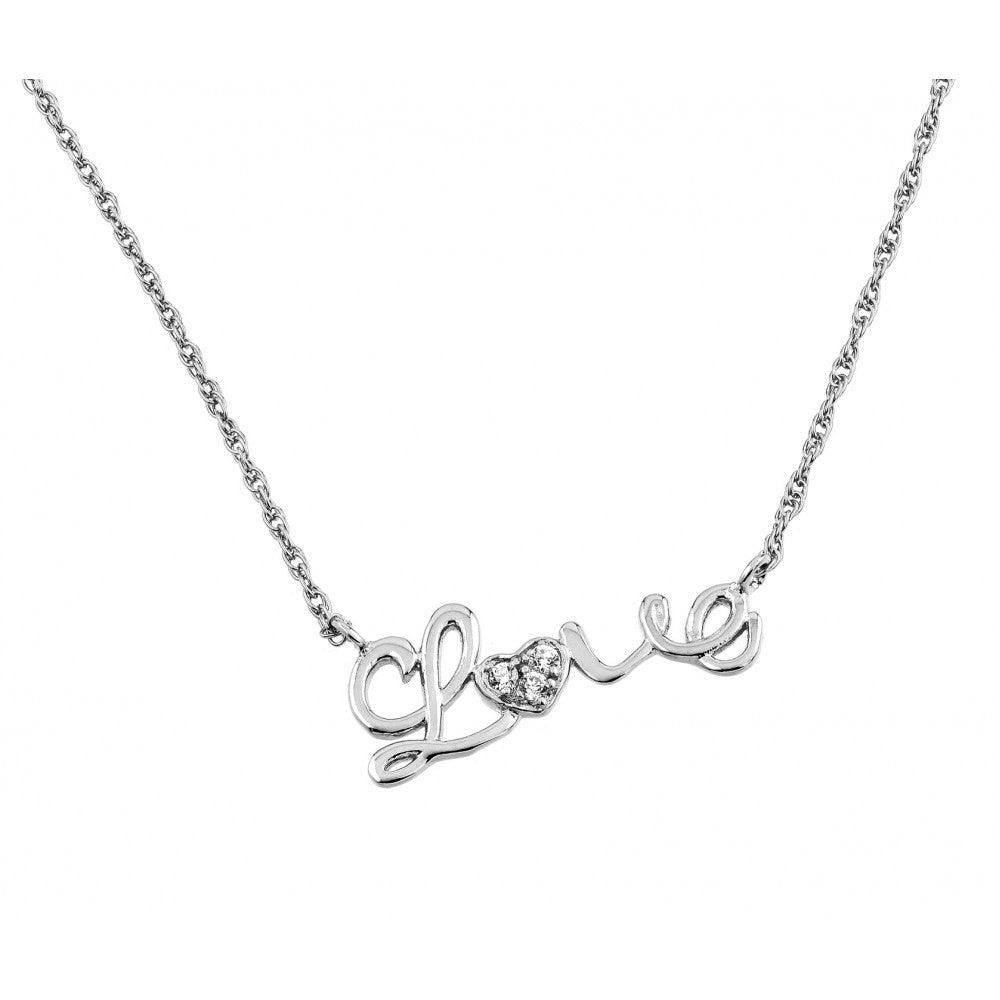 Silver 925 Rhodium Plated Clear CZ Love Pendant Necklace