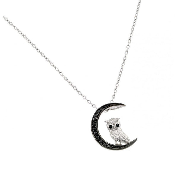 Silver 925 Black Rhodium Plated Moon and Owl Pendant Necklace - STP01386 | Silver Palace Inc.