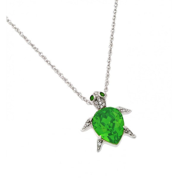 Silver 925 Rhodium Plated Clear and Light Green CZ Turtle Pendant Necklace - STP01389 | Silver Palace Inc.