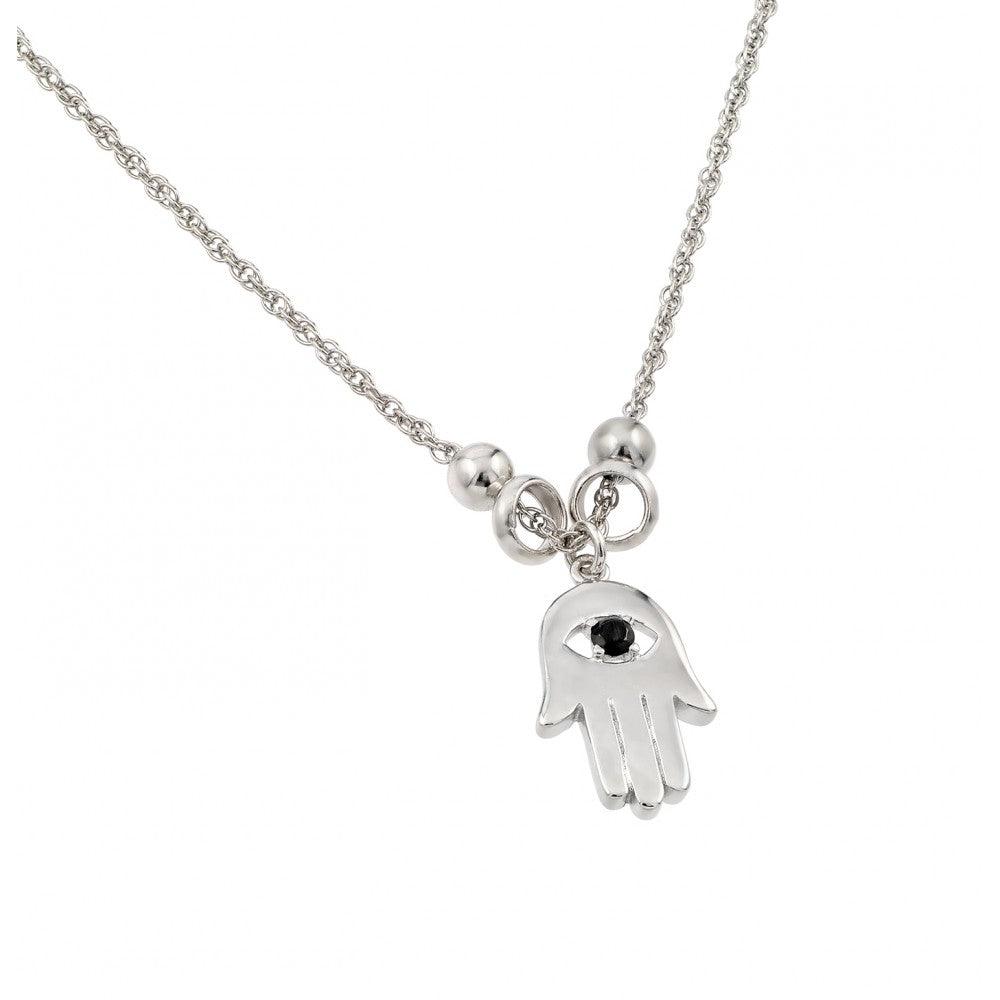 Silver 925 Rhodium Plated Black CZ Evil Eye Hamsa Pendant Necklace - STP01391 | Silver Palace Inc.