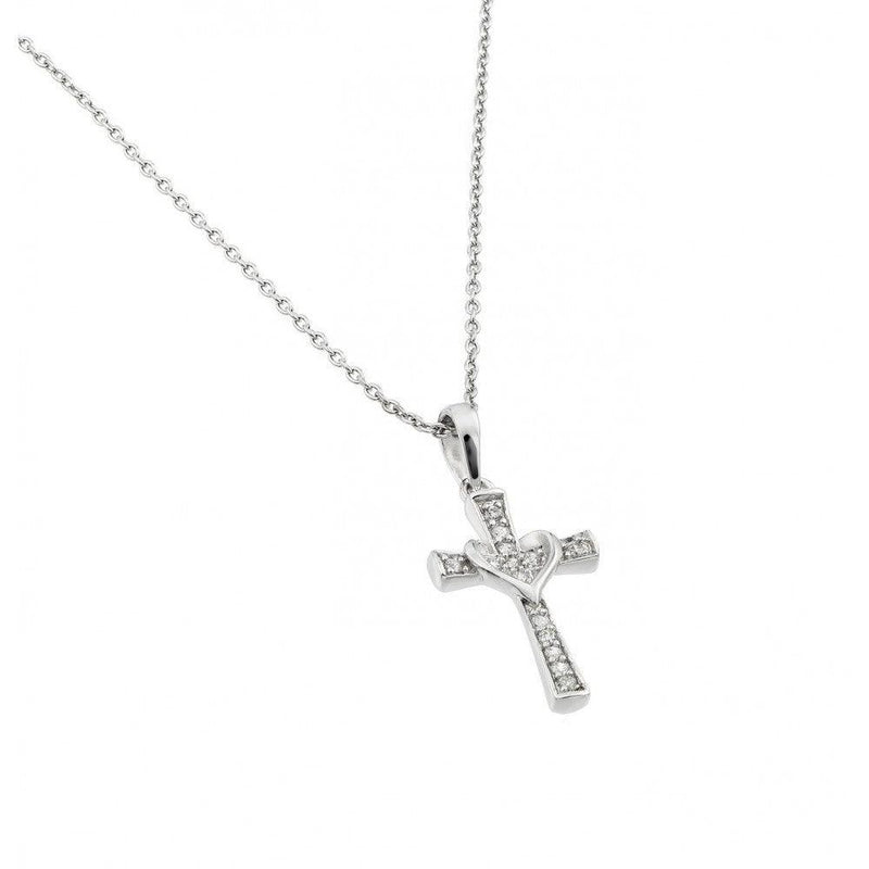 Silver 925 Rhodium Plated Clear CZ Cross Pendant Necklace - STP01398 | Silver Palace Inc.