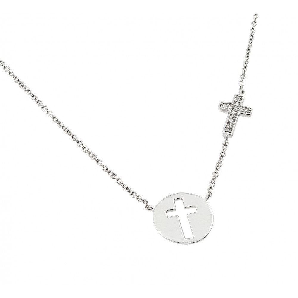 Silver 925 Rhodium Plated Clear CZ Cross Cutout Pendant Necklace