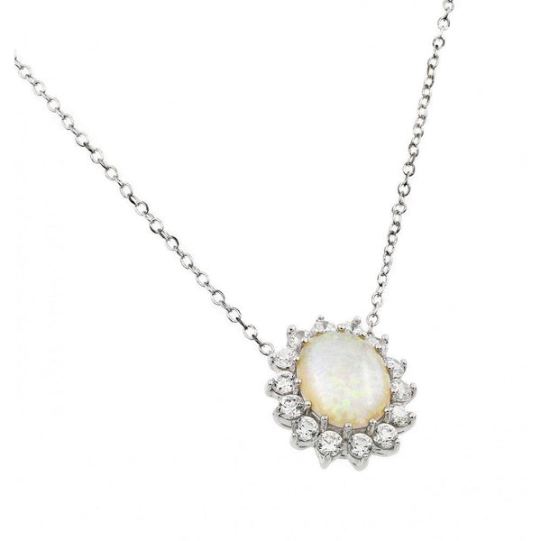 Silver 925 Rhodium Plated Clear CZ Sunflower Oval Opal Cluster Pendant Necklace - STP01409 | Silver Palace Inc.