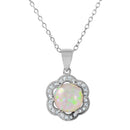 Silver 925 Rhodium Plated CZ Accent Flower Shaped Pendant with Opal Center Stone - STP01410 | Silver Palace Inc.