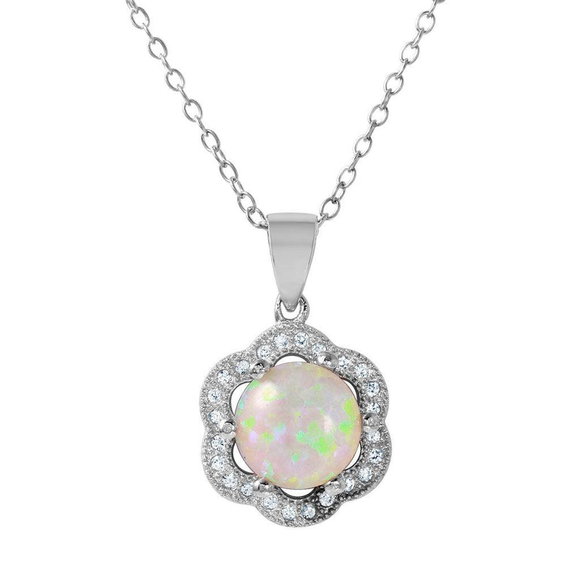 Silver 925 Rhodium Plated CZ Accent Flower Shaped Pendant with Opal Center Stone - STP01410 | Silver Palace Inc.