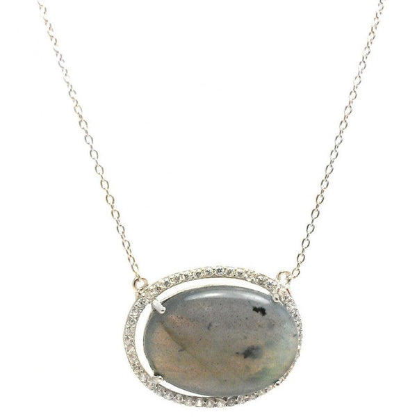 Silver 925 Rhodium Plated CZ Accents Labradorite Pendant Necklace - STP01427LA | Silver Palace Inc.