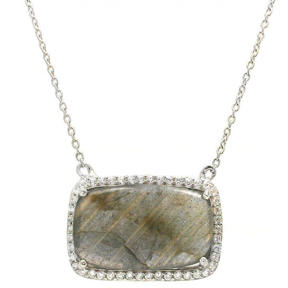 Silver 925 Rhodium Plated CZ Accents Labradorite Pendant Necklace - STP01428LA | Silver Palace Inc.