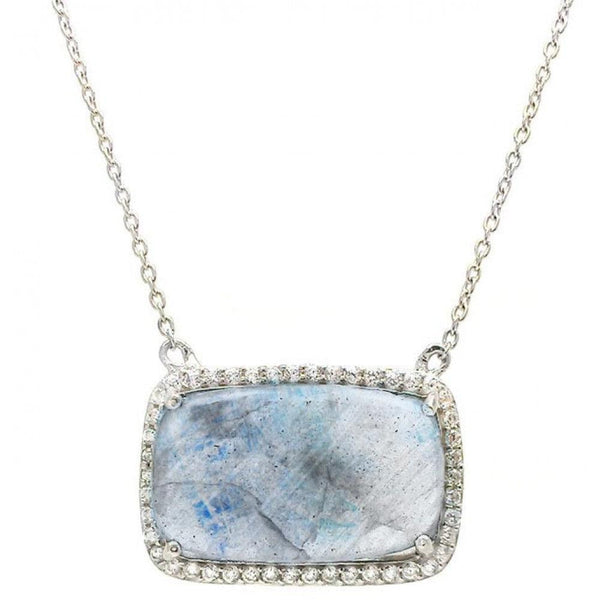 Silver 925 Rhodium Plated CZ Accents Moonstone Pendant Necklace - STP01428MO | Silver Palace Inc.