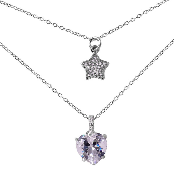 Silver 925 Rhodium Plated Star Heart CZ Necklace - STP01455 | Silver Palace Inc.