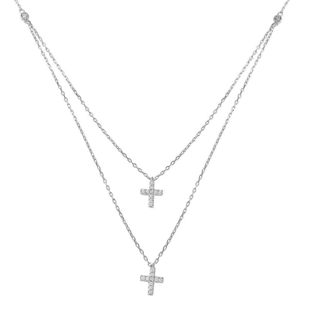 Silver 925 Rhodium Plated Two-strand Double Cross CZ Pendant Necklace - STP01482 | Silver Palace Inc.